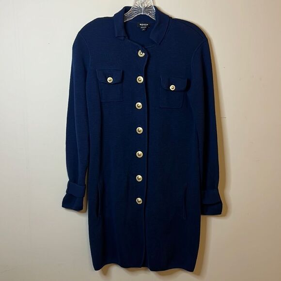 WORTH Navy Blue Wool Sweater Dress with Gold Buttons - Size Small - Picture 2 of 12